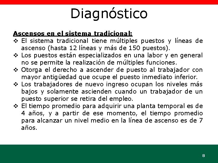 Diagnóstico Ascensos en el sistema tradicional: v El sistema tradicional tiene múltiples puestos y
