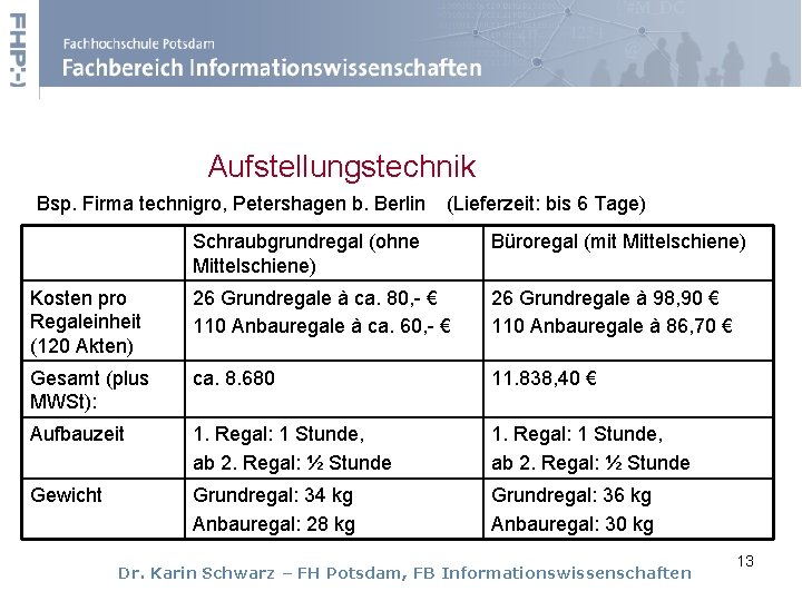 Aufstellungstechnik Bsp. Firma technigro, Petershagen b. Berlin (Lieferzeit: bis 6 Tage) Schraubgrundregal (ohne Mittelschiene)