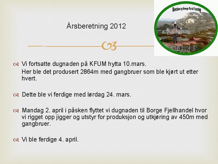 Årsberetning 2012 Vi fortsatte dugnaden på KFUM hytta 10. mars. Her ble det produsert
