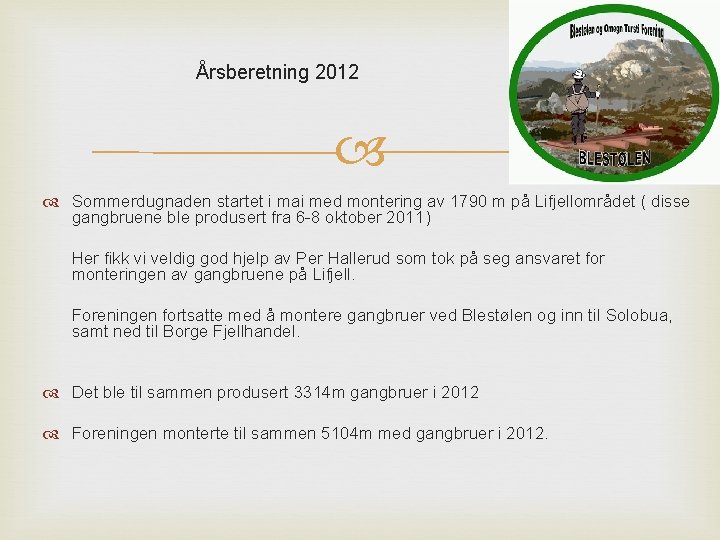 Årsberetning 2012 Sommerdugnaden startet i mai med montering av 1790 m på Lifjellområdet (