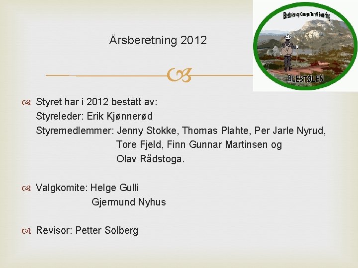 Årsberetning 2012 Styret har i 2012 bestått av: Styreleder: Erik Kjønnerød Styremedlemmer: Jenny Stokke,