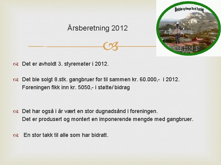 Årsberetning 2012 Det er avholdt 3. styremøter i 2012. Det ble solgt 8. stk.