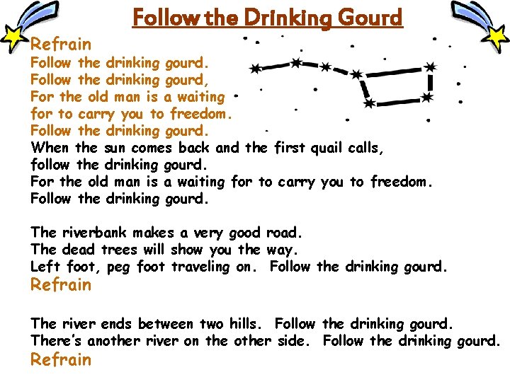 Refrain Follow the Drinking Gourd Follow the drinking gourd, For the old man is