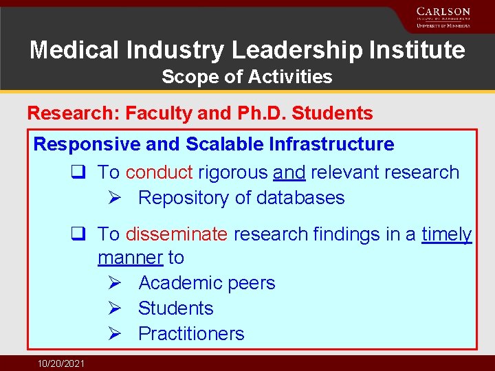 Medical Industry Leadership Institute Scope of Activities Research: Faculty and Ph. D. Students Responsive