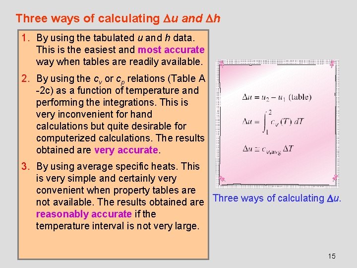 Three ways of calculating u and h 1. By using the tabulated u and