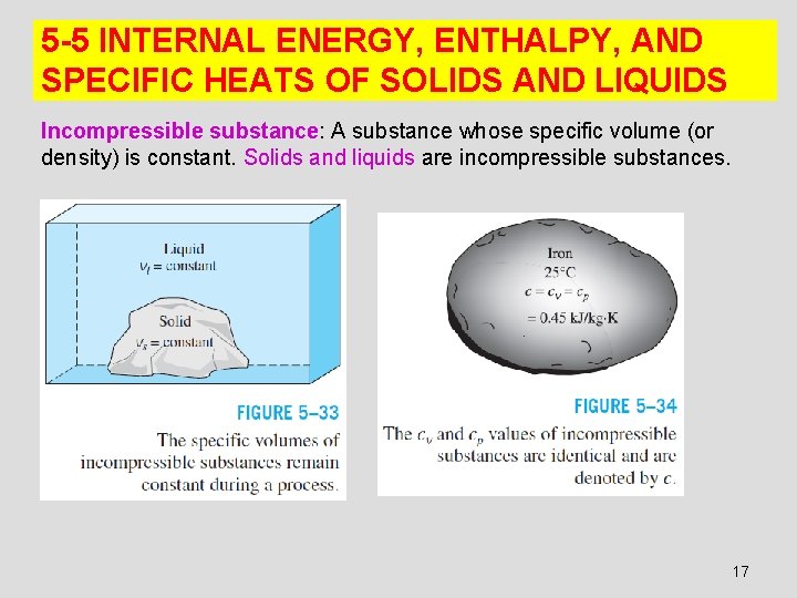 5 -5 INTERNAL ENERGY, ENTHALPY, AND SPECIFIC HEATS OF SOLIDS AND LIQUIDS Incompressible substance: