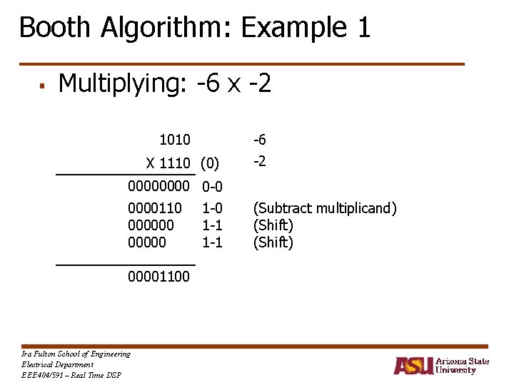 Booth Algorithm: Example 1 § Multiplying: -6 x -2 1010 X 1110 (0) 0000
