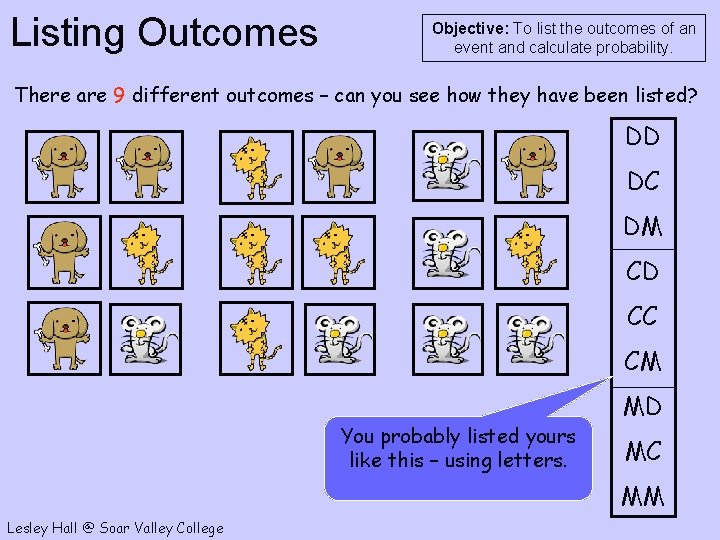 Listing Outcomes Objective: To list the outcomes of an event and calculate probability. There