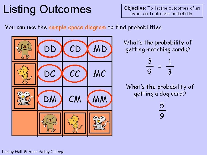 Listing Outcomes Objective: To list the outcomes of an event and calculate probability. You