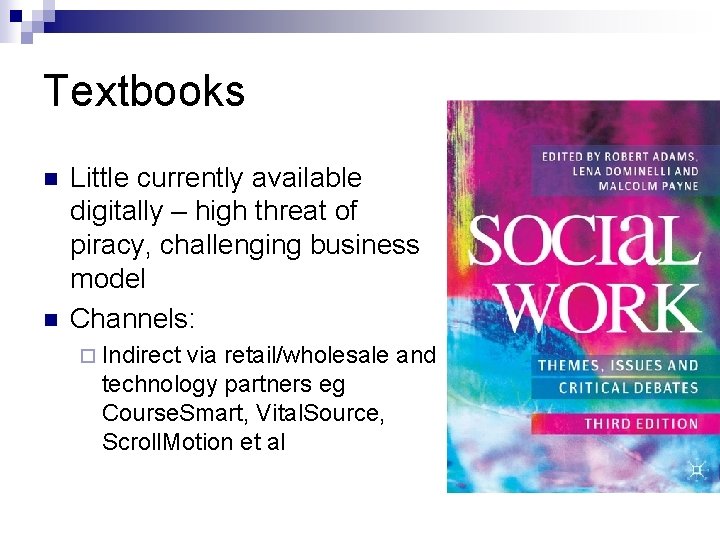 Textbooks n n Little currently available digitally – high threat of piracy, challenging business