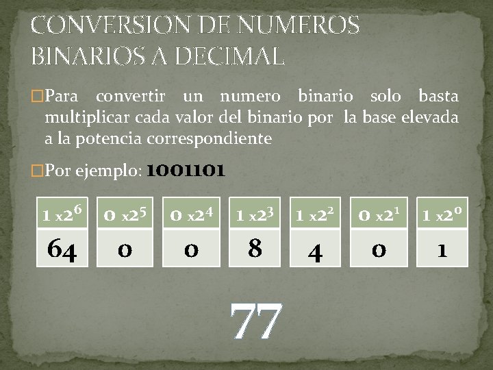 CONVERSION DE NUMEROS BINARIOS A DECIMAL �Para convertir un numero binario solo basta multiplicar
