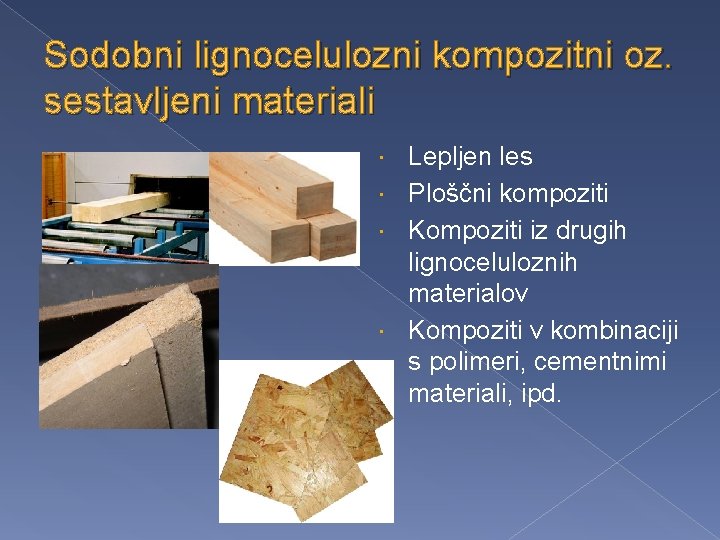 Sodobni lignocelulozni kompozitni oz. sestavljeni materiali Lepljen les Ploščni kompoziti Kompoziti iz drugih lignoceluloznih