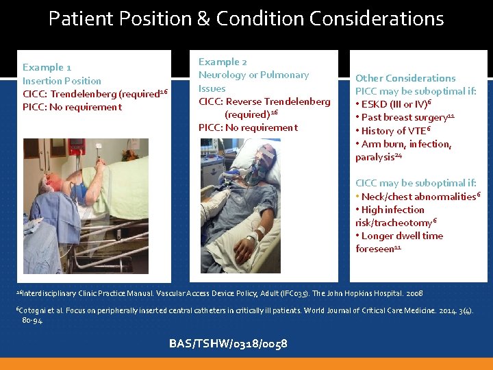 Patient Position & Condition Considerations Example 1 Insertion Position CICC: Trendelenberg (required 16 PICC: