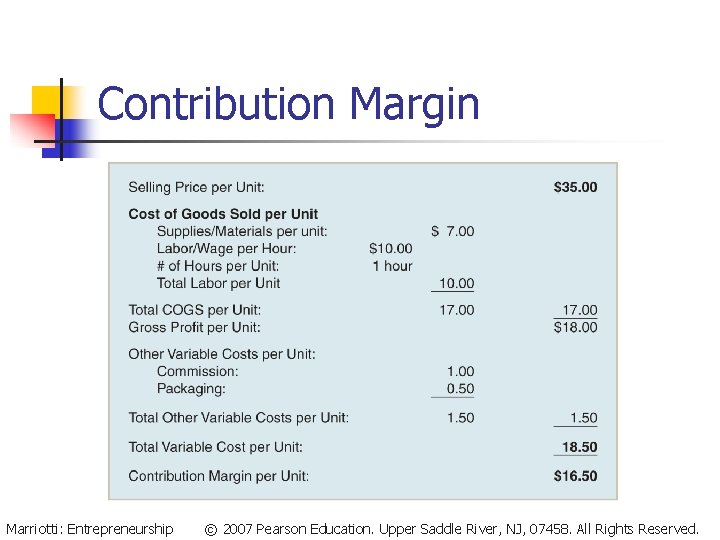 Contribution Margin Marriotti: Entrepreneurship © 2007 Pearson Education. Upper Saddle River, NJ, 07458. All