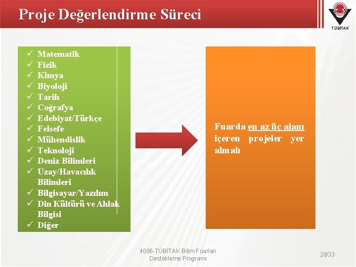 Proje Değerlendirme Süreci TÜBİTAK ü ü ü Matematik Fizik Kimya Biyoloji Tarih Coğrafya Edebiyat/Türkçe