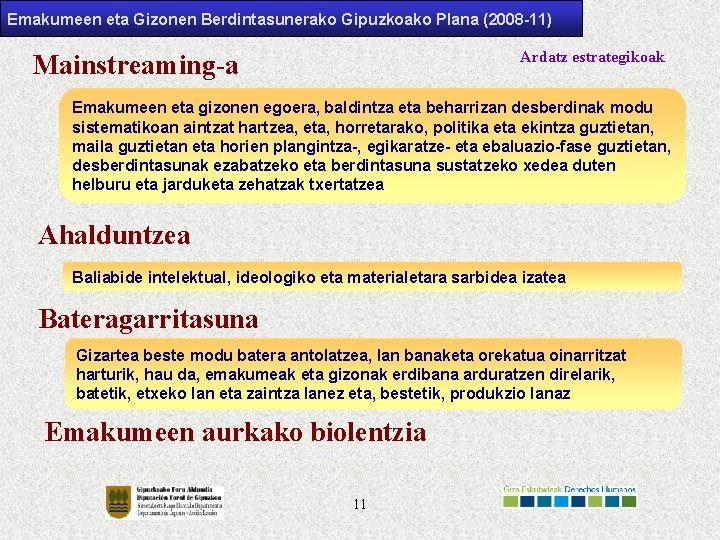 Emakumeen eta Gizonen Berdintasunerako Gipuzkoako Plana (2008 -11) Ardatz estrategikoak Mainstreaming-a Emakumeen eta gizonen