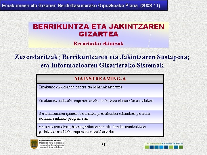 Emakumeen eta Gizonen Berdintasunerako Gipuzkoako Plana (2008 -11) BERRIKUNTZA ETA JAKINTZAREN GIZARTEA Berariazko ekintzak