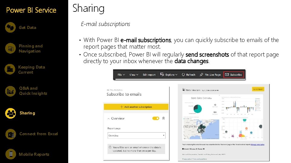 Power BI Service Get Data Pinning and Navigation Keeping Data Current Sharing E-mail subscriptions Power BI Service Get Data Pinning and Navigation Keeping Data Current Sharing E-mail subscriptions
