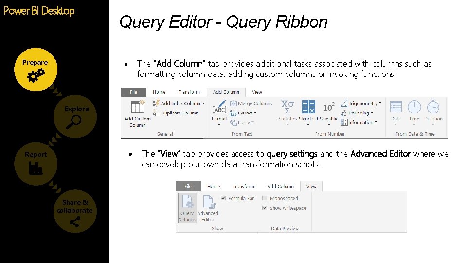 Power BI Desktop Prepare Query Editor - Query Ribbon The “Add Column” tab provides Power BI Desktop Prepare Query Editor - Query Ribbon The “Add Column” tab provides