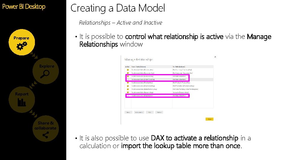 Creating a Data Model Power BI Desktop Feature Relationships – Active and Inactive • Creating a Data Model Power BI Desktop Feature Relationships – Active and Inactive •