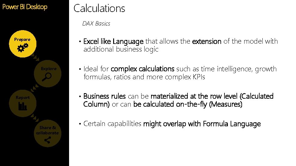 Calculations Power BI Desktop Feature DAX Basics • Excel like Language that allows the Calculations Power BI Desktop Feature DAX Basics • Excel like Language that allows the
