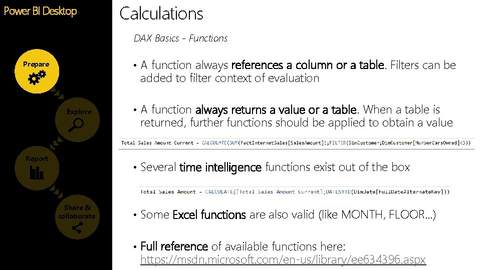 Calculations Power BI Desktop Feature DAX Basics - Functions • A function always references Calculations Power BI Desktop Feature DAX Basics - Functions • A function always references
