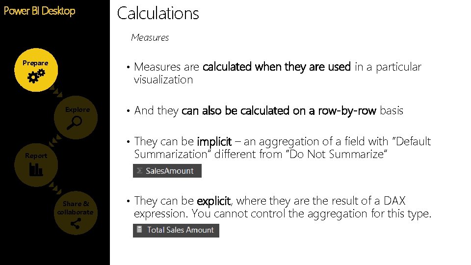 Calculations Power BI Desktop Feature Measures • Measures are calculated when they are used Calculations Power BI Desktop Feature Measures • Measures are calculated when they are used