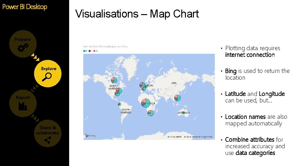 Power BI Desktop Visualisations – Map Chart Prepare • Plotting data requires internet connection Power BI Desktop Visualisations – Map Chart Prepare • Plotting data requires internet connection