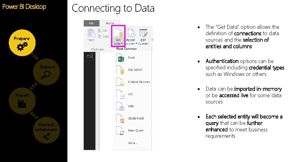 Power BI Desktop Connecting to Data The “Get Data” option allows the definition of Power BI Desktop Connecting to Data The “Get Data” option allows the definition of