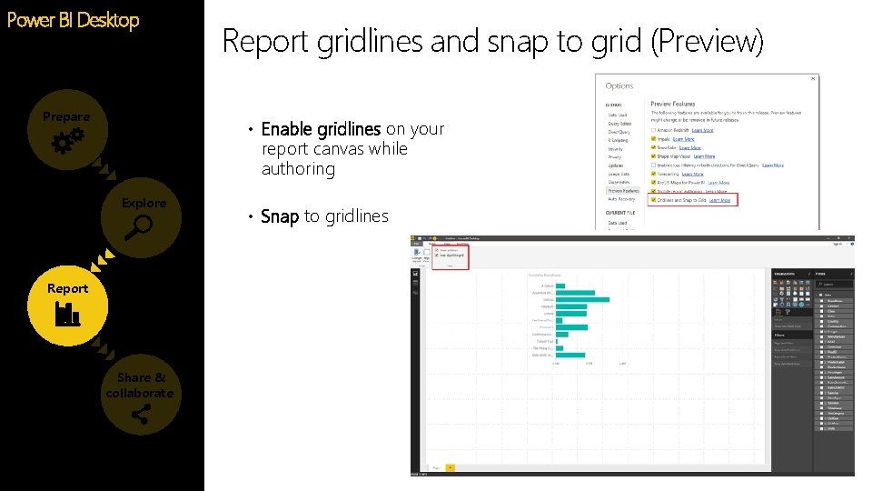 Power BI Desktop Prepare Report gridlines and snap to grid (Preview) • Enable gridlines Power BI Desktop Prepare Report gridlines and snap to grid (Preview) • Enable gridlines