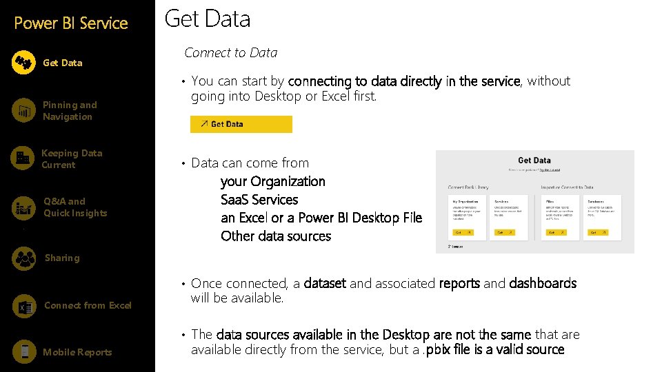 Power BI Service Get Data Connect to Data • You can start by connecting Power BI Service Get Data Connect to Data • You can start by connecting