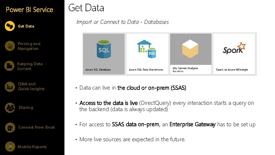 Power BI Service Get Data Import or Connect to Data - Databases Pinning and Power BI Service Get Data Import or Connect to Data - Databases Pinning and