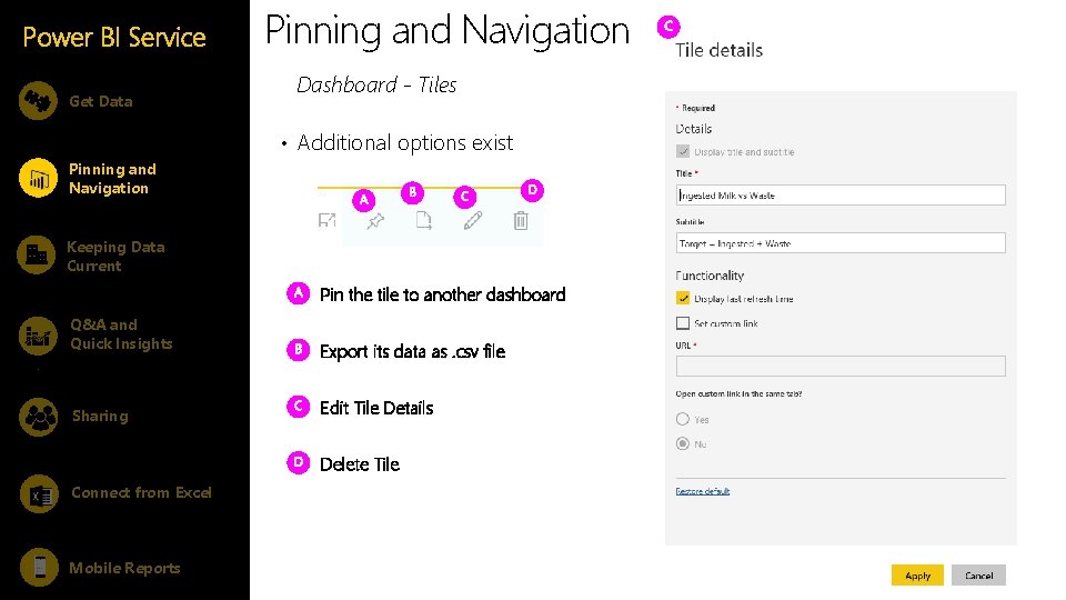 Power BI Service Get Data Pinning and Navigation Dashboard - Tiles • Additional options Power BI Service Get Data Pinning and Navigation Dashboard - Tiles • Additional options