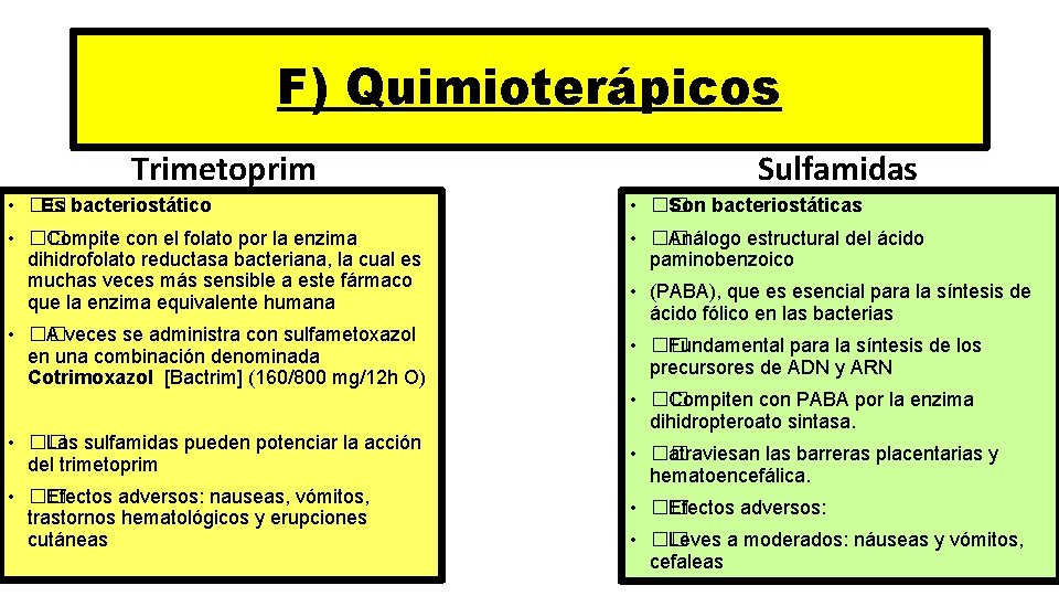 F) Quimioterápicos Trimetoprim Sulfamidas • �� Es bacteriostático • �� Son bacteriostáticas • ��