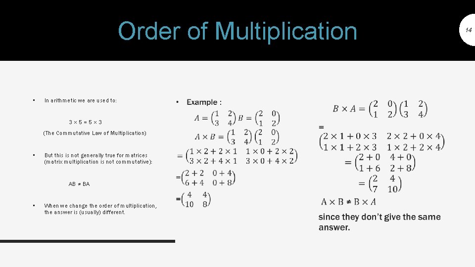 Order of Multiplication • In arithmetic we are used to: 3× 5=5× 3 (The