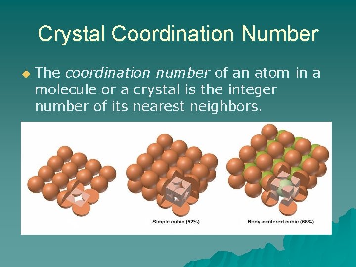 Crystal Coordination Number u The coordination number of an atom in a molecule or