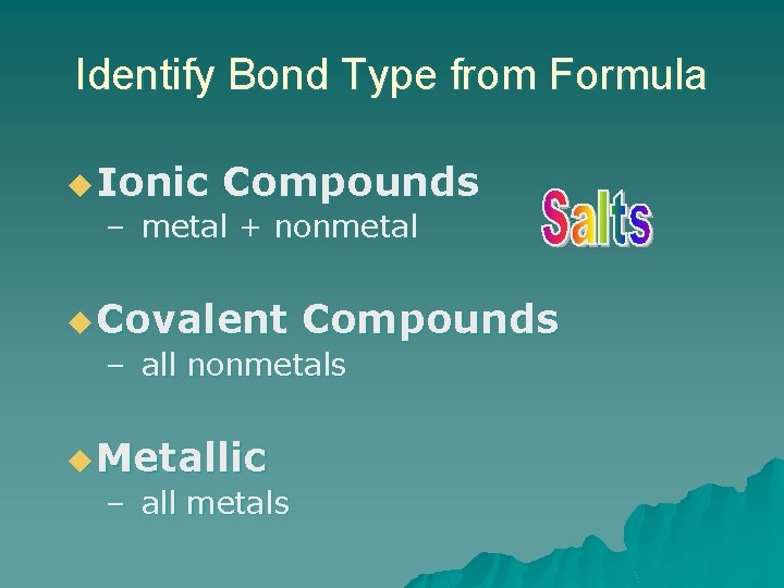Identify Bond Type from Formula u Ionic Compounds – metal + nonmetal u Covalent