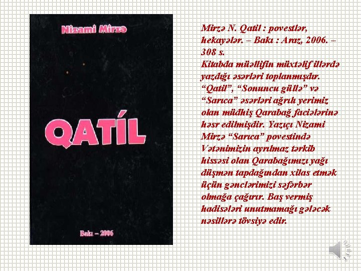 Mirzə N. Qatil : povestlər, hekayələr. – Bakı : Araz, 2006. – 308 s.