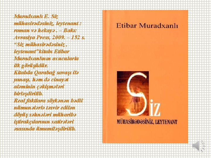 Muradxanlı E. Siz mühasirədəsiniz, leytenant : roman və hekayə. – Bakı: Avrasiya Press, 2009.