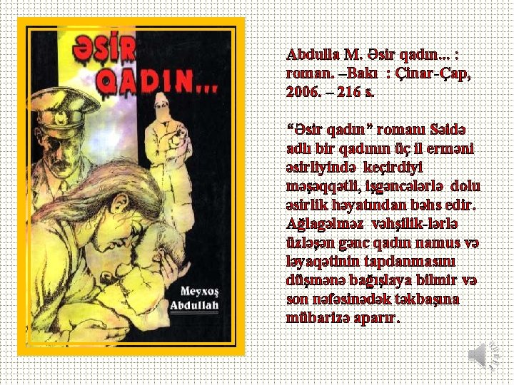 Abdulla M. Əsir qadın. . . : roman. –Bakı : Çinar-Çap, 2006. – 216
