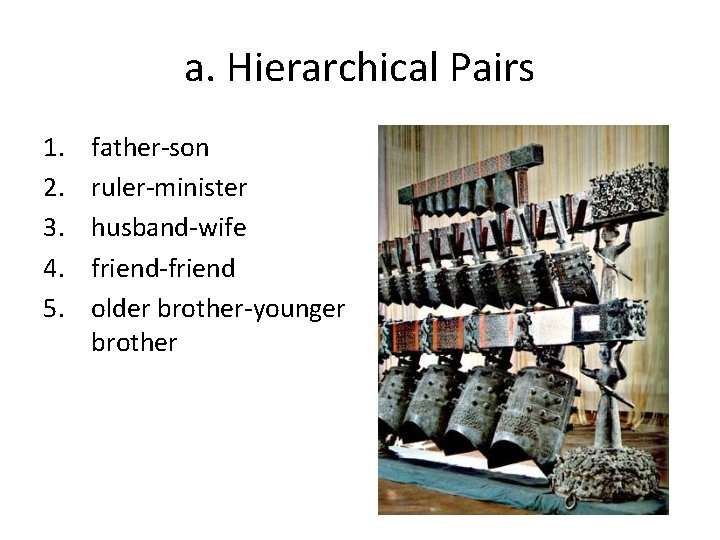 a. Hierarchical Pairs 1. 2. 3. 4. 5. father-son ruler-minister husband-wife friend-friend older brother-younger