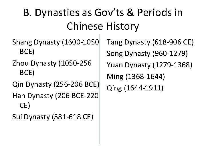 B. Dynasties as Gov’ts & Periods in Chinese History Shang Dynasty (1600 -1050 BCE)