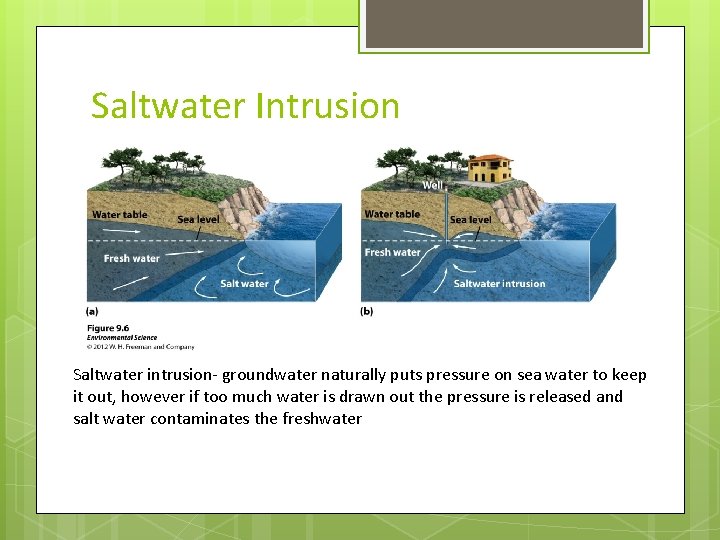 Saltwater Intrusion Saltwater intrusion- groundwater naturally puts pressure on sea water to keep it