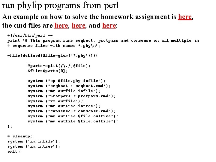 run phylip programs from perl An example on how to solve the homework assignment