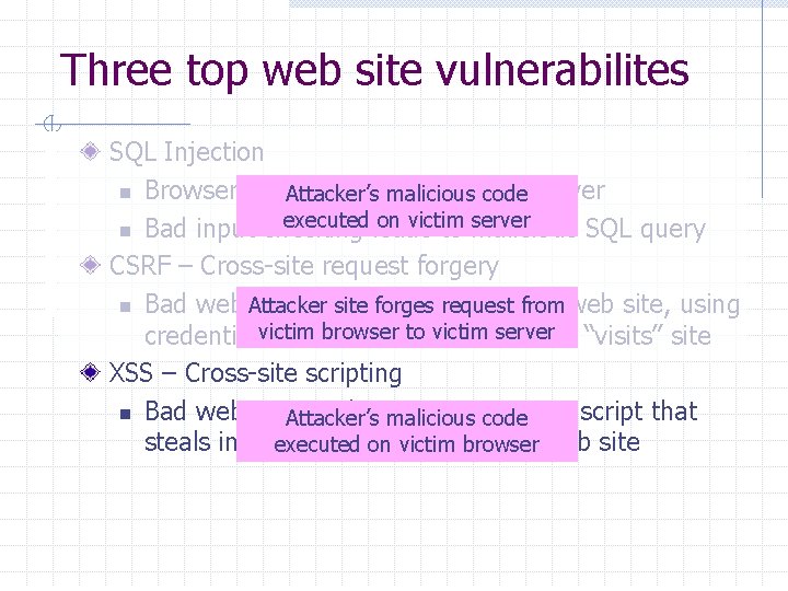 Three top web site vulnerabilites SQL Injection n Browser sends malicious inputcode to server