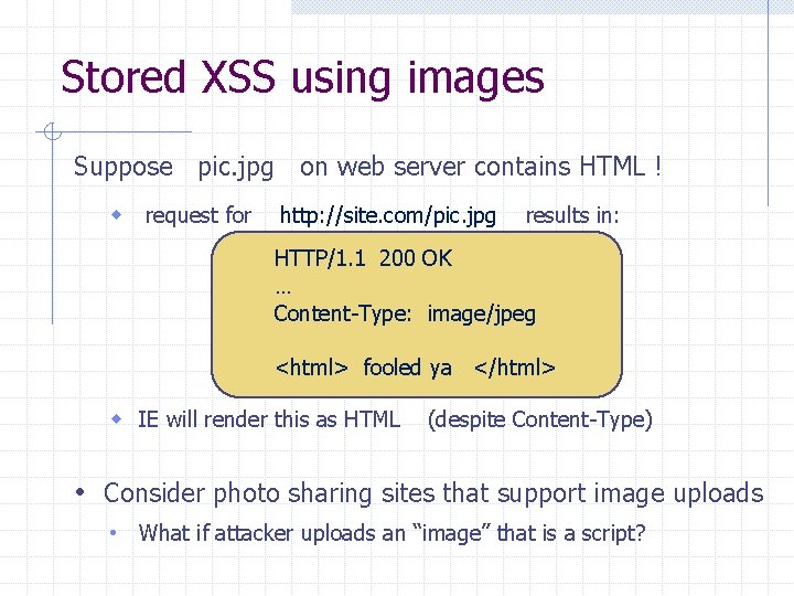 Stored XSS using images Suppose pic. jpg on web server contains HTML ! w