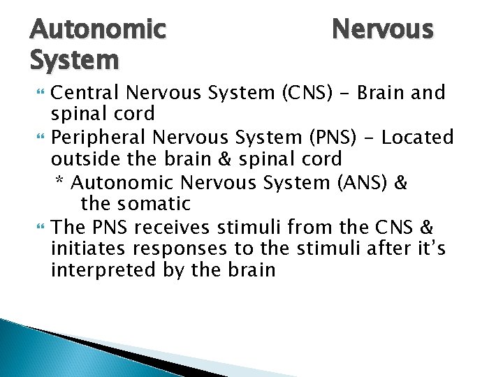 Autonomic System Nervous Central Nervous System (CNS) - Brain and spinal cord Peripheral Nervous
