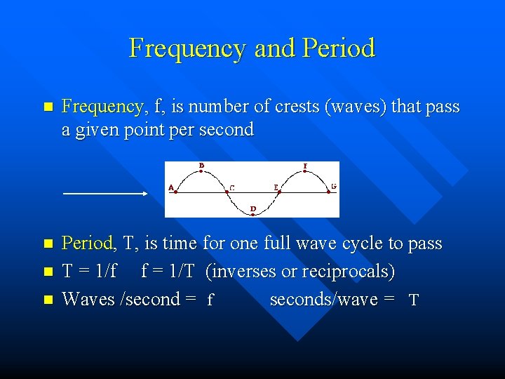 Frequency and Period n Frequency, f, is number of crests (waves) that pass a