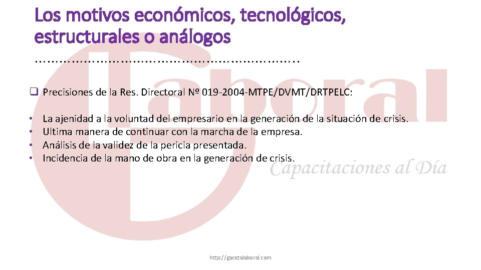 Los motivos económicos, tecnológicos, estructurales o análogos ……………………………. . q Precisiones de la Res.