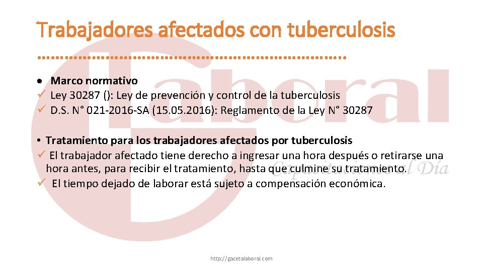 Trabajadores afectados con tuberculosis ……………………………. . Marco normativo Ley 30287 (): Ley de prevención